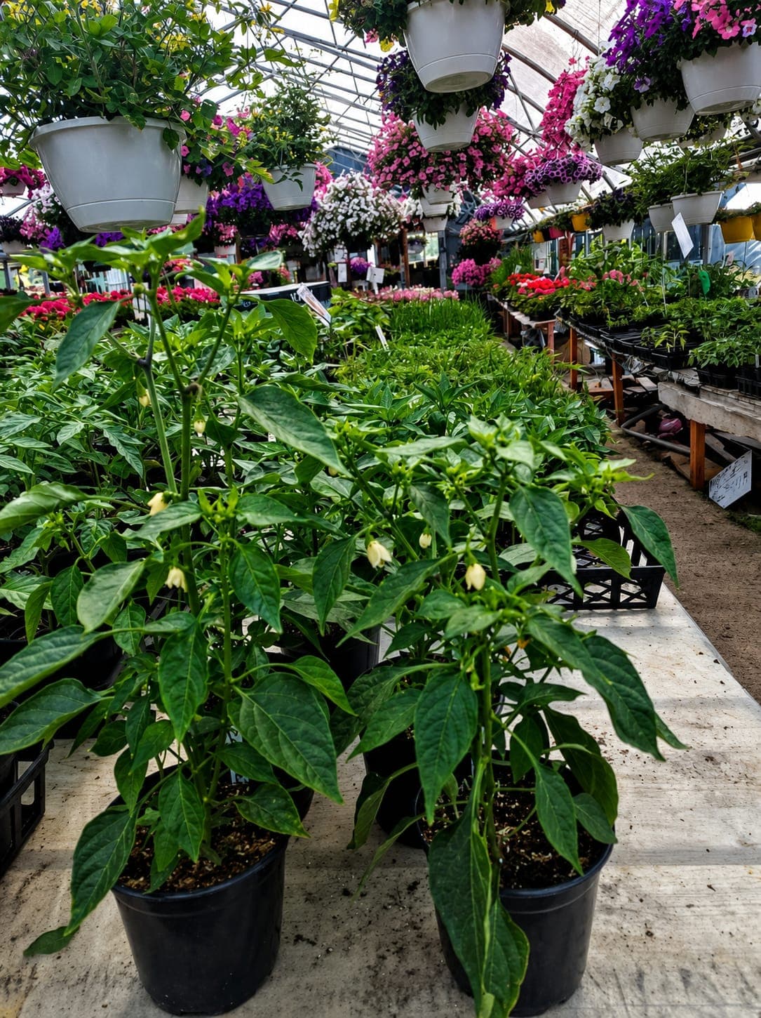 Rows of pepper and vegetable starts on greenhouse tables beneath hanging flower baskets